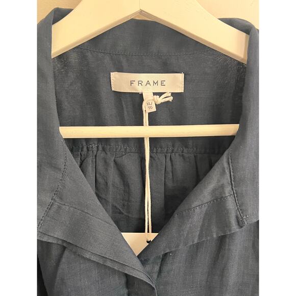 Frame Gillian Puff Sleeve Tie Waist Shirt Midi Dress Navy Women's Size XL NWT - Picture 10 of 13